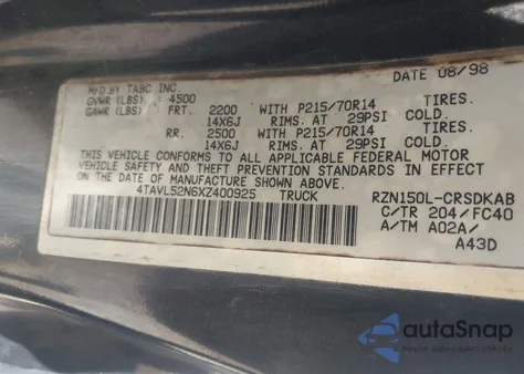 1999 Toyota Tacoma z USA, uszkodzony, nr VIN 4TAVL52N6XZ400925